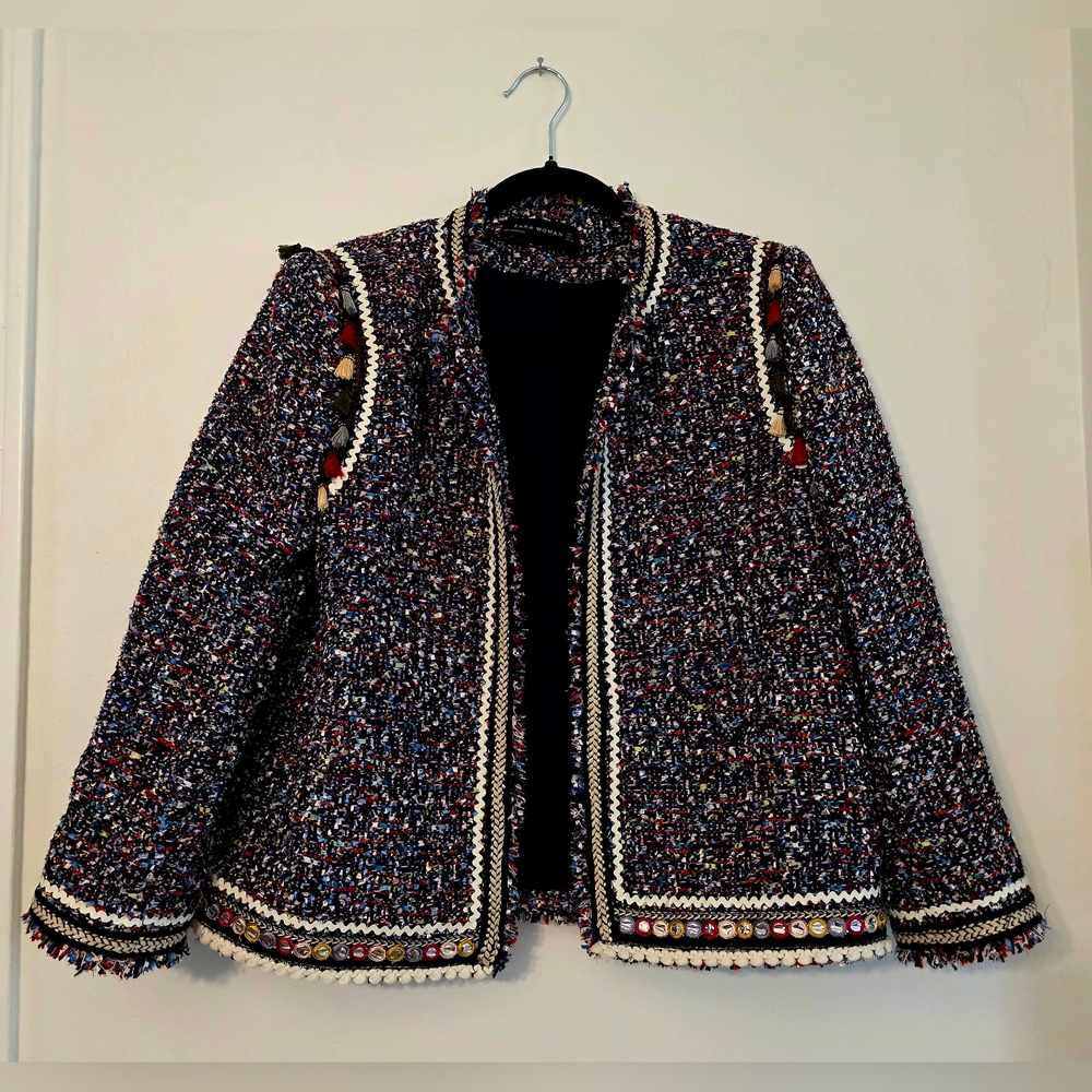 Zara Womans Tweed Tassel Blazer- Size L